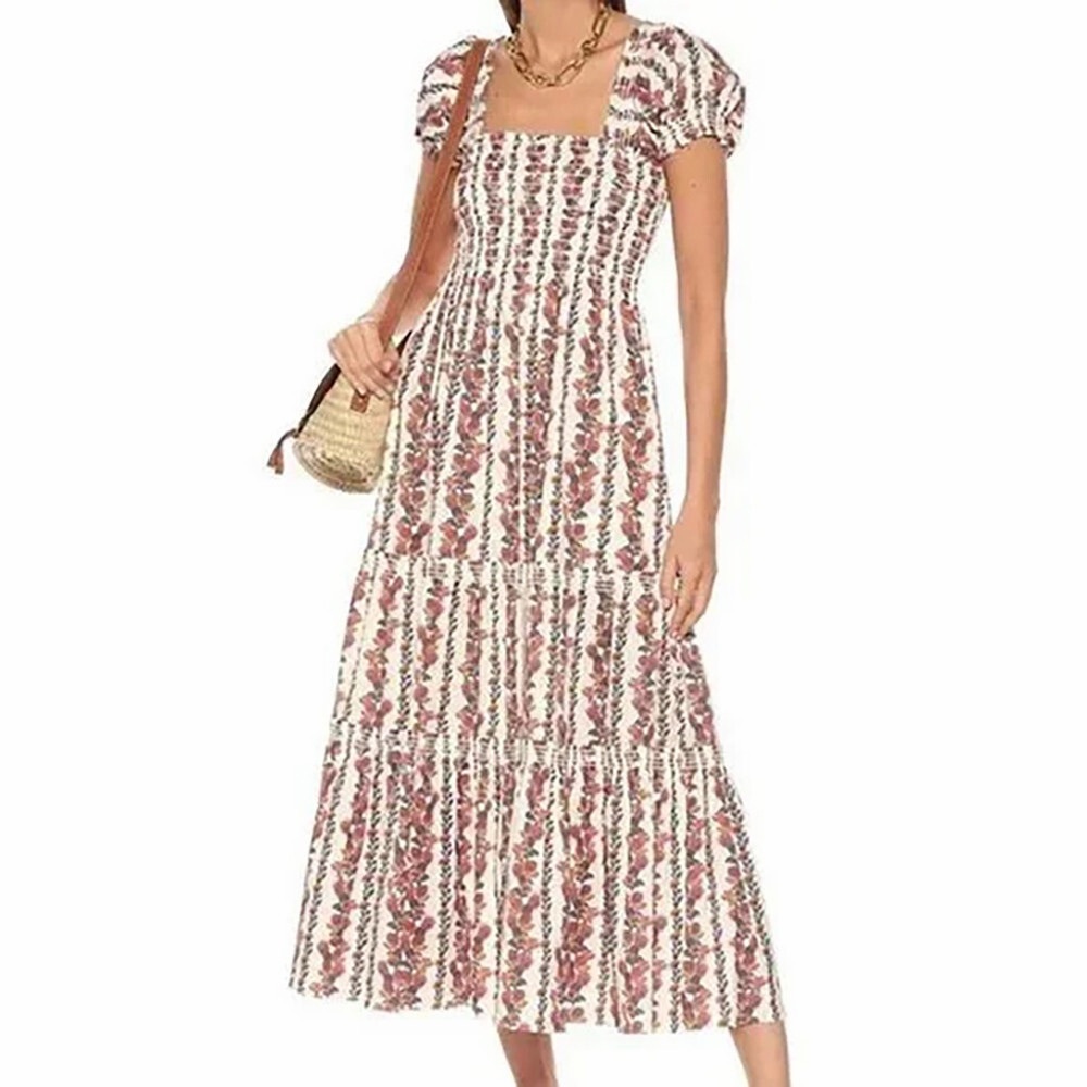 Tory Burch Wonderland Vine Smocked Red Floral Print Cotton Midi Dress Stripe L
